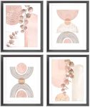 Abstract Boho Geometric Line Sun Moon Pink Eucalyptus Leaf Poster Prints for Home Living Room Girls Room Office Decor,Botanical Bohemian Decorations Prints Aesthetic Wall Art Unframed 4pcs (light red, 12x16 in)