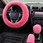 Silence Shopping Fluffy Steering Wheel Cover, Fuzzy Steering Wheel Cover for Women, Furry Steering Wheel Covers with Handbrake Cover Gear Shift Cover, 1 Set 3 Pcs, 14.96Inch (Pink)