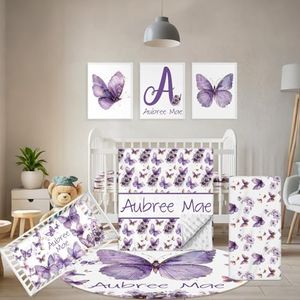 Terwex Personalized Baby Bedding Set, 5 Pcs Custom Toddlers Bedding Set with Infant Name, Soft Double Layer Nursery Crib Set for Girls Boys, Customized Infants Gifts for Baby Shower, Purple Butterfly