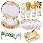 Nkaiso Floral Party Tableware Set, 161 Pcs Flower Party Plates Birthday Party Decorations, Floral Fairytale Theme Party Plates Napkins Cups for Afternoon Tea Wedding Birthday Baby Shower- 20 Guests