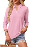 GEMLON Women's 3/4 Sleeve Tops V Neck Button Polo Shirts Casual Basic Tees 3/4 Sleeve Blouse (Pink, XL)