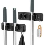 Cosicosy Mop Broom Holder, SUS304 Stainless Steel Mop Holder Wall Mounted 2 Racks with Hook Broom Hanger 2 Pcs Broom Holder Self-Adhesive/Perforated (Include Screws), Black