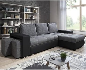 lestockdesign Canapé d'angle Simon 255 cm - Convertible et réversible avec Coffre - 3 Places - Simili Noir/Tissu Gris + 2 poufs