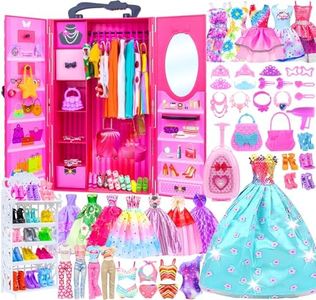 Ecore Fun Fashion Doll Closet Wardrobe for Doll Clothes and Accessories Storage - Lot 102 Items Include Clothes, Dresses, Shoes, Bags, Necklace, Shoes Rack, Hangers for 11.5 Inch Girl Doll Clothes