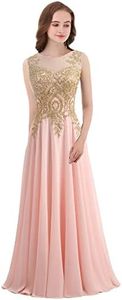 Kivary Gold Lace A Line Long Chiffon Women Formal Corset Prom Evening Dresses, Blush Pink, 12
