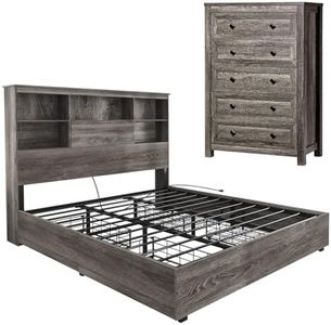 LUXOAK 2-Piece Bedroom Set, Farmhouse King Size Bed Frame and 5 Drawers Dresser, Wooden Storage Bed with Charging Station & 4 Drawers, Tall Dressers Organizer with Metal Handles for Bedroom, Grey