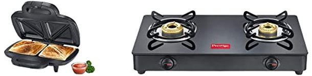 Prestige Iris Free Standing Lpg Gas Stove, 2 Burner, Black, Powder Coater Mild Steel With Glass Top, Manual & Psmfd 01 800W Sandwich Maker (Black)