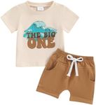 CREAIRY 2Pcs Baby Boy 1st Birthday Outfit The Big One Wave Short Sleeve T-Shirt Tops Shorts Pants Set Summer Clothes (Beige, 12-18 Months)