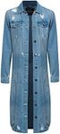American Bazi Women's Long Button Down Distressed Denim Jean Jacket RJK3205 - Blue - Small - E4B