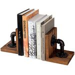 MyGift Industrial-Style Pipe & Rustic Wood Tabletop Bookends, Set of 2