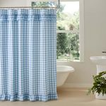 VHC Brands Annie Blue Buffalo Check Ruffled Cottage Farmhouse Shower Curtain 72x72