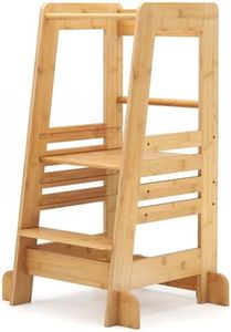BABY JOY Step Stool for Toddlers, Montessori Toddlers Kitchen Step Stool, Bamboo Kids Standing Tower with Height Adjustable Platform & Safety Rail, Learning Tower Stool for Bathroom Kitchen, Natural
