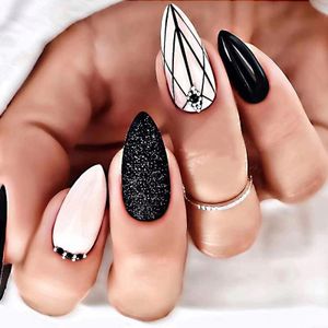 French Tip Almond Press on Nails 24-PCS Medium Fake Nails Geometric Line Line Coffin Press on Fake Nails Glossy False Nails Full Cover Acrylic Nails for Women & Girl