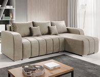 MODERNO Pufetto Corner Sofa with Sleep Function, Bed Container, Corner Sofa, Sofa Bed, Living Room, Bedroom, Furniture Sofas & Couches, Sofa Bed Couch, Velour, Beige, 86 x 245 x 147 cm