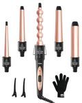 5 in 1 Curling Iron Wand Set, Ohuhu Upgrade Curling Wand With 5Pcs 0.35 to 1.25 Inch Interchangeable Ceramic Barrels and Heat Protective Glove, Dual Voltage Hair Curler for All Hair Types, Rose Gold