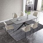 Modern Kitchen Dining MDF Table and Chairs for 6,7 Pieces Middle Butterfly Extension Leaf Table and PU Leather Dining Chairs for Kitchen, Living Room, Dining Room (Table + 6 Beige Chairs)