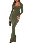 REORIA Womens Sexy Casual Scoop Square Neck Long Sleeve Soft Lounge Long Dress Fall Wedding Guest Elegant Ribbed Bodycon Maxi Dresses Olive Green Small