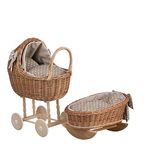 e-wicker24 Natural Wicker Dolls Pram and Cradle with Beige Bedding Vintage Dolls Pushchair on Wooden Wheels Handmade Cot for Dolls Retro Style Doll Bedding Rocking Cradle and Doll Stroller set