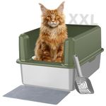 Stainless Steel Litter Box, XXL Metal Cat Litter Box with High Enclosed Side for Big Cats, Large Cat Litter Box, Non-Stick, Anti-Leakage Easy Clean, Include Footboard, Litter Scoop & Litter Mat(Green)