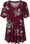 Womens Jacket Tops Tops V Neck Short Sleeve Shirt Floral Blouses Tunic Tops M 4XL Summer Shirts for Women Plus Size (Wine, XXL)