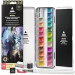 ARTEZA Metallic Watercolor Paint Set 24 Colors, Shimmering Watercolors in Half Pans with Water Brush Pen & Tin Box, Luminous, High-Pigment Paints for Paper & Mixed Media, Holiday Gift for Artists
