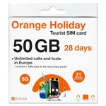 Orange Holiday Europe SIM Card 28Days | 50Gb Internet in 5G/4G/LTE (Data Sharing Allowed)| Unlimited Local Calls + 120 Minutes + 1000 Texts to Worldwide. Upgraded Offer!