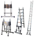 Telescopic Ladder 5M Heavy Duty Multi-Purpose Stainless Steel Multi-Purpose Sturdy Loft Ladder with Stabilizer, Max Load 150kg/330lb, Adjustable Step Extension Ladder for Outdoor & Indoor