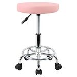 KKTONER PU Leather Round Rolling Stool with Foot Rest Swivel Height Adjustment Spa Drafting Salon Tattoo Work Office Massage Stools Task Chair (Pink)