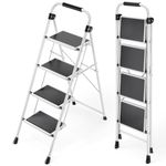 KINGRACK Step Ladder, Folding Ladder with Non-Slip and Wide Pedal, Folding Step Stool for Adults, Lightweight and Portable Step Ladder (White, 4 Steps with handrail)