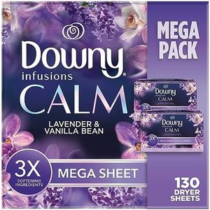 Downy Infusions Mega Dryer Sheets, Laundry Fabric Softener, CALM, Lavender and Vanilla Bean, 130 Count