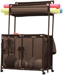 Pool Bins Pool Storage Equipment Organizer Holder - Noodles, Toys, Balls and Floats Mesh Rolling Double Decker Bin, Large with Noodle Rack, (23" L x 35.3" W x 59.4" H), Brown