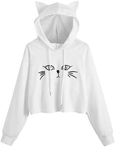 SweatyRocks Women's Long Sleeve Hoodie Crop Top Cat Print Pullover Sweatshirt Beige XL