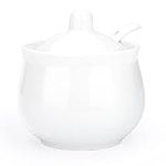 Swetwiny Porcelain Sugar Bowl with Lid and Spoon, Ceramic Salt Storage Jar, White Seasoning Container for Home and Kitchen, 7 Ounces (White)