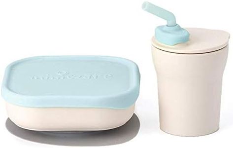 Miniware Sip & Snack Set with Snack Bowl, 1-2-3 Sip Drinking Cup, and Suction Foot for Baby Toddler - Promotes Self Feeding | Dishwasher Safe (Vanilla & Aqua)