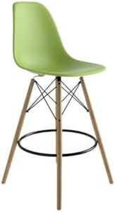 Inmod Molded Plastic Counter Stool with Wood Legs, Set of 2, Matte Green / Natural DSW Modern Stools, Mid-century Molded Shell Armless Stools