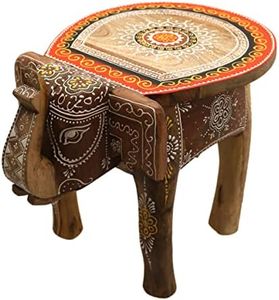 Gall&Zick Mesa auxiliar con diseño de elefante, mesa auxiliar para flores, mesa decorativa, soporte para plantas, madera de mango, pintado a mano, oriental indio, hecho a mano, mandala (naranja)