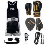 PSS Fighting Kit Uniform top and short 1025 Boxing gloves 1117 Focus pad rope wrap key ring Professional Training equipment 6-pcs GOLDEN set Muay thai kickboxing 6-OZ (1117 Golden/Black, 3-4 Year)