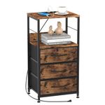 Nightstand with Drawers, End Table with Charging Station Bedroom Side Tables with USB Ports and Outlets 3 Tier Tall Night Stand with Fabric Drawer for Living Room Dorm, Rustic Brown and Black