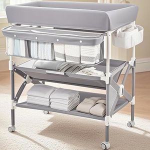 Portable Baby Changing Table, Babevy Foldable Diaper Change Table with Wheels, Adjustable Height, Cleaning Bucket, Changing Station for Infant Mobile Nursery Organizer for Newborn, Grey