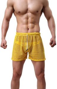 Linemoon Men's Mesh Shorts Sexy Lounge Hollow Boxer Underwear, Yellow, XX-Large