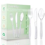 Plastic Cutlery Set 90 Pieces,30 Plastic Forks,Knives and Plastic Spoons,Reusable Plastic Cutlery Transparent and Robust Cutlery Sets for Birthday Party Barbecue Party Wedding ect (Transparent)