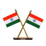 Jtku Handicraft Indian Flag Hindustan Tiranga for Car Dashboard Table Home Decoration Decor Cross Design Stand - Double Sided Cross Flag Stand