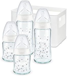 NUK First Choice+ Starter Lot de biberons en verre - 0-6 mois - 4 biberons avec contrôle de la température et un casier à biberons -Système d’aération anti-colique -Sans BPA -Gris et blanc - 5 unités