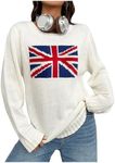 SweatyRocks Women's Flag Pattern Long Sleeve Round Neck Sweater Casual Loose Pullover Sweater Solid Beige Large