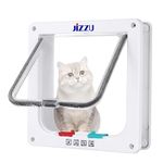 JIZZU Cat Door, Safety Pet Door with 4 Way Lock, Weatherproof & Easy Installation Cat Flap Upvc Door for Interior Exterior Door, Window, Wall (Medium, Outer Size 7.5" x 7.8")