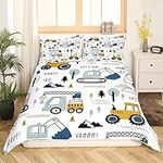 Feelyou Cartoon Car Kids Bedding Set Construction Duvet Cover Decor Equipment Trucks Comforter Excavator Tractor White Yellow Bedspread Bedroom Quilt 2Pcs Twin