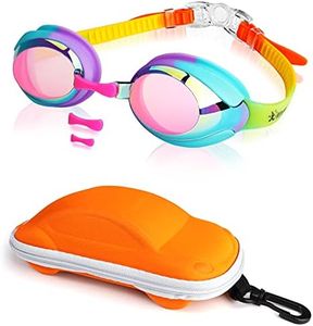 Kids Swim Goggles Swimming Goggles for Toddler Children Girls Boys Youth, Anti-Fog Waterproof UV Protection Clear Vision Mirror Flat Lens Water Pool Goggles with 3 Nose Piece, Rainbow Kids Goggles