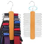 2 Piece Wooden Tie Hanger, Swivel Tie Racks, Tie Belt Rack, with 20 Metal Partitions and 360 Degree Rotating Clothes Hook, for Hanging Belts, Tie, Scarves, Neckties and More