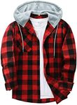 JACKETOWN Men's Plaid Shirts Casual Sweatshirt Men's Hoodie Long Sleeve Shirt with Pocket Button Down Men's Checked Shirt Jacket Flannel Shirt Regular Fit 4 Seasons Lumberjack Shirts Red