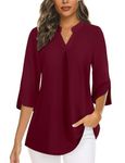 Zamowoty Womens Blouses and Tops Dressy Plus Size 3/4 Sleeve Tunics Tops V Neck Dress Shirts for Business Ladies Tops Office Work Blouse Formal Interview Professional Top Wine Red XX-Large